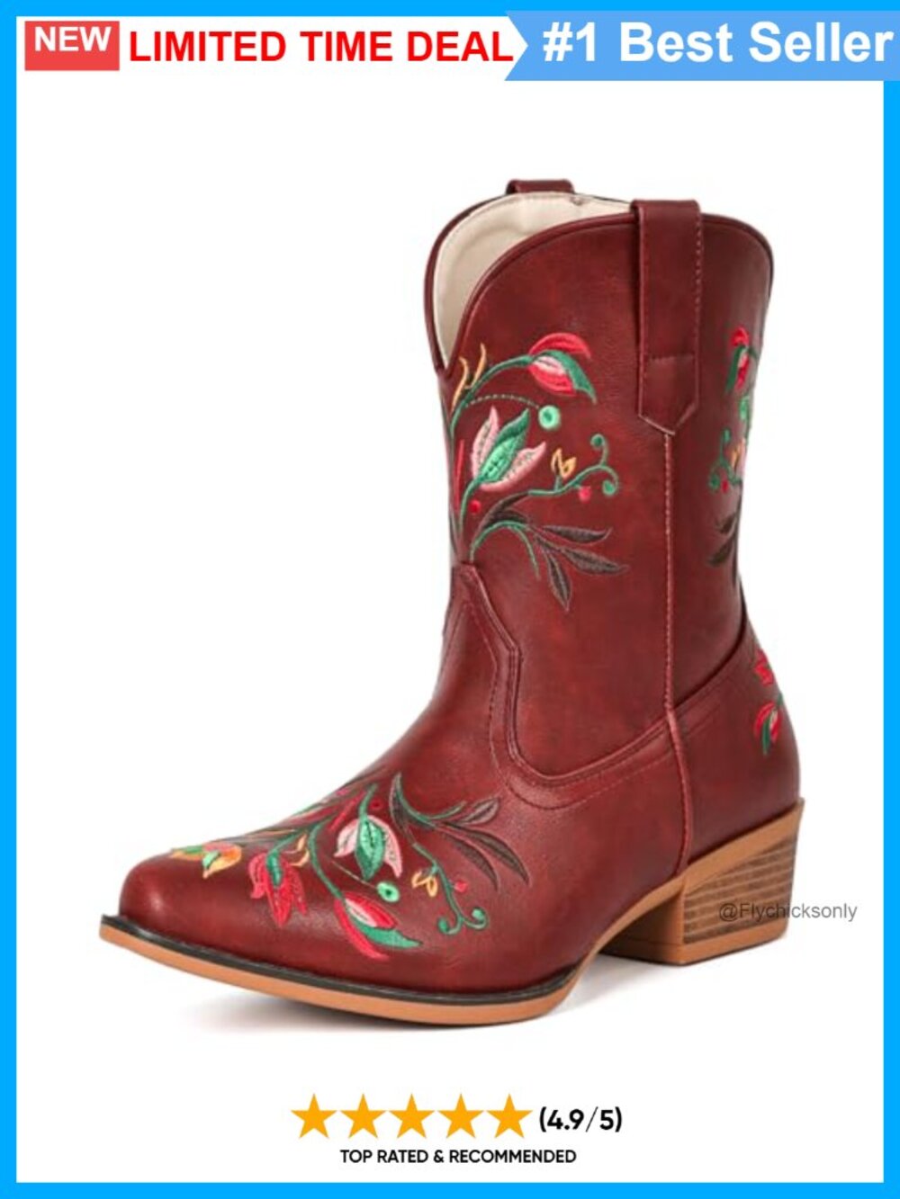 Faux Leather Western Cowboy Ankle Boots Stitch Flower Embroidered Snip Toe